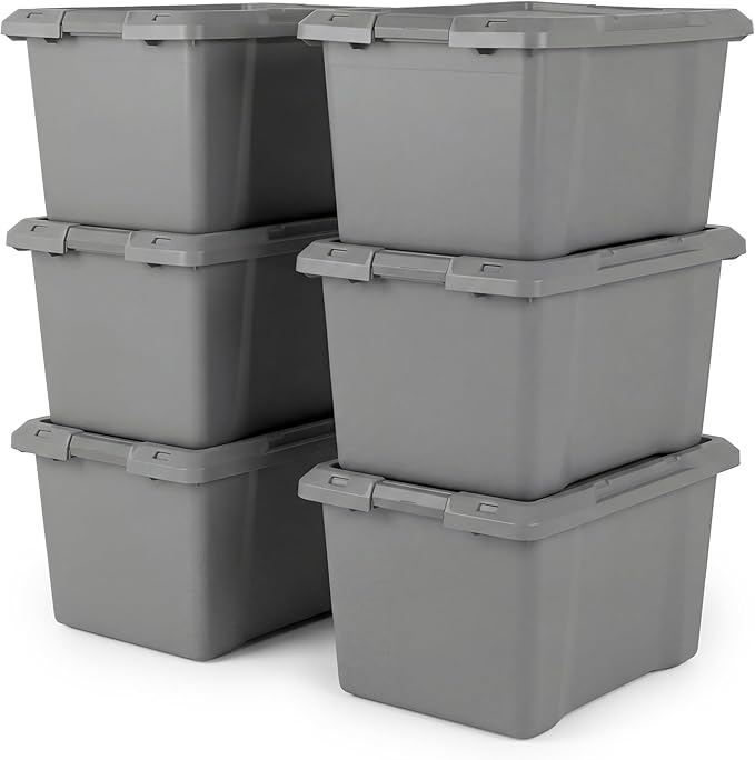 Home Logic 19 Gallon Latched Storage Tote with Lid, Plastic Bins with Lids, Moving Boxes for Garage Organization, Closet Organizer & Home Organization, 6 Pack, Gray