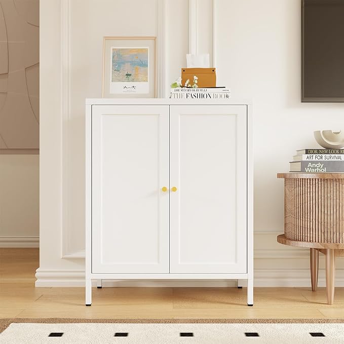 Metal Accent Storage Cabinet for Home, LivingRoom,Office,Kitchen- Metal Locker Cabinet with 1 Adjustable Shelves-Bathroom Floor Storage Cabinet Freestanding Organizer(Square Door, White)