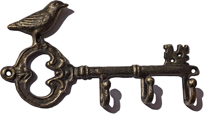 IRISVITA Key Hook for Home Decorative, Vintage Bronze Cast Iron Key Holder with 3 Hooks - Antique Bird Wall Art for Organizing Keys