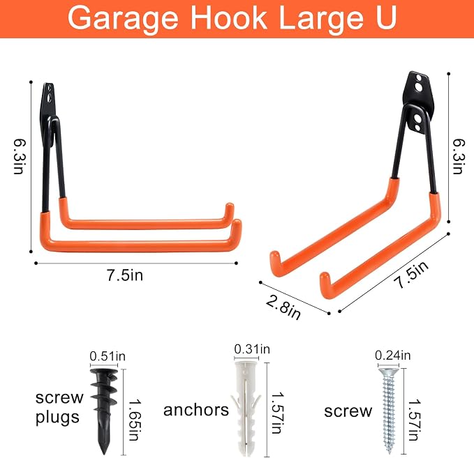 Aoben Heavy Duty Steel Garage Storage Hooks, Utility Tool Hangers and Combinable Wall Mount Hooks for Organizing Ladder, Hold Chairs, Heavy Tools (Large U, 4 Pack)