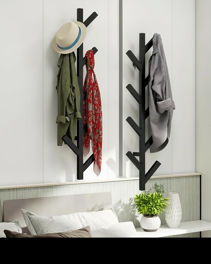 Vlush 2Pack Wall Mounted Coat Rack - 9 Hooks, Modern Metal Design, for Hats, Coats, and Bags - Suitable for Entryways and Bedrooms - Black (37.8" Height)