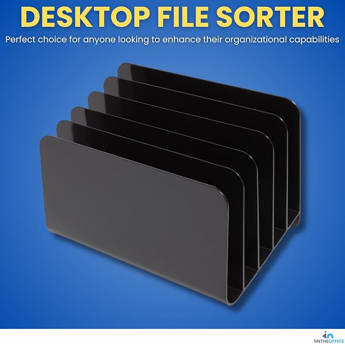 1InTheOffice Inclined Desktop File Organizer, Plastic Desk File Sorter for Documents, Space-Saving, Black, 5 Compartments