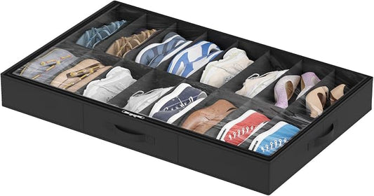 Lifewit Under Bed Shoe Storage Organizer 1 Pack(16 Shoes Cells), 4.3 Inches Profile Fabric Shoes Container Box with Clear Cover, Foldable Storage Bag with 2 Handles, Fits 8 to 16 Pairs