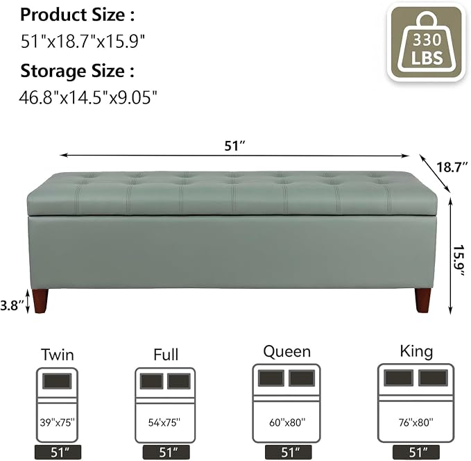 Joveco 51 Inch Storage Ottoman Bench,Tufted Leather Storage Bench for Bedroom (51”,Gray Green)