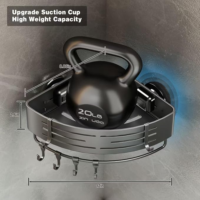 Voldra Corner Shower Caddy Suction Cup, 1 Pack Corner Shower Shelves No Drilling, Aluminum Upgrade Suction Cup Shower Organizer Corner with Towel Bar & Hooks Removable Bathroom Storage Rack(Gray)