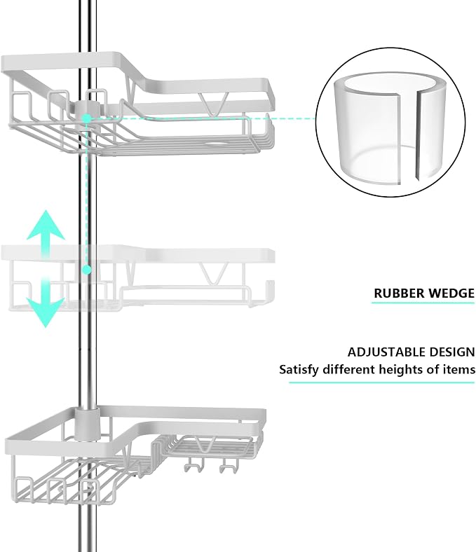KEGII Corner Shower Caddy Tension Pole, Bathroom Storage, Matte White | 4-Tier Rustproof Steel Design with Soap Holder and Razor Rack, No Drill Space-Saving Storage for Shampoo and Towels