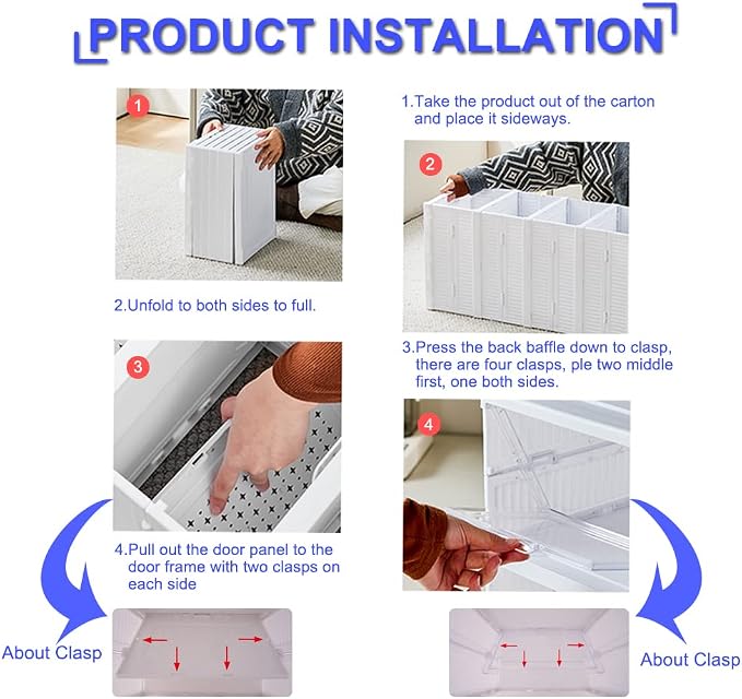 6-Tier Shoe Rack Shoe Storage Box Bins Clear Collapsible Plastic Installation-Free Stackable Foldable Tote with Lids Organizing Dustproof
