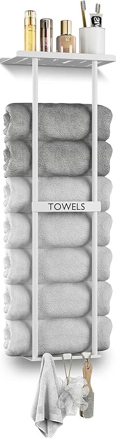 2-Tier Wall-Mounted Towel Rack with Hooks & Shelf, Black Metal Towel Holder for Small Bathrooms (White)
