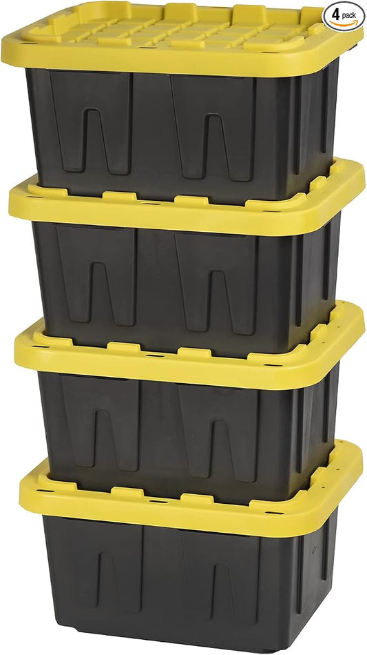 BLACK & YELLOW 5-Gallon Stackable Plastic Storage Bins with Lids, 4 Pack | Small heavy-duty storage totes for garage, closet, classroom & home organization, 8.6H x 12.3W x 16.4D, Black & Yellow,