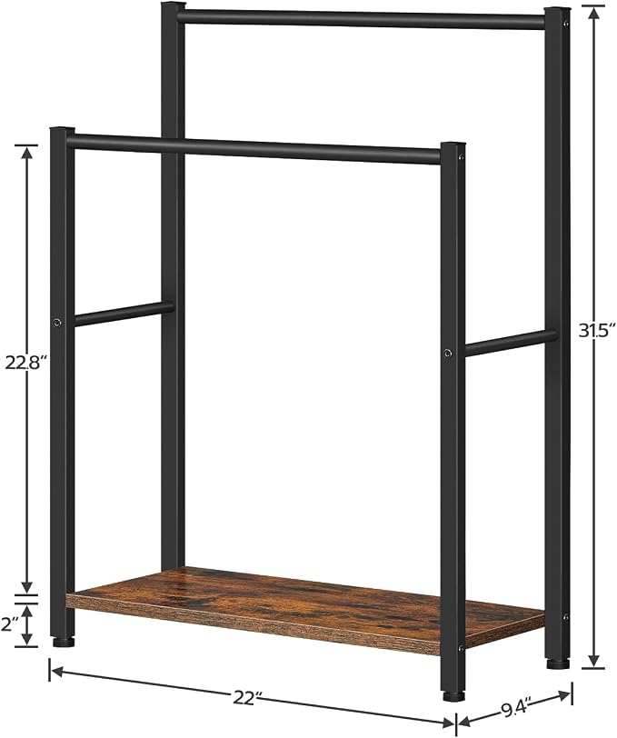 HOOBRO Free Standing Towel Rack for Bathroom, 22" L x 9.4" W x 31.5" H, 2 Tier Blanket Rack, Blanket Holder, Drying and Display Rack with Shelf, Rustic Brown and Black BF04LB01