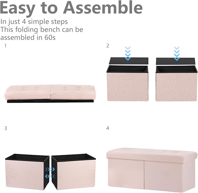 AmasSmile Ottoman Storage Bench, 34" Teddy Velvet Folding Stool Pink | Large Ottoman with Storage, Thicker Foam Padded Seat, Livingroom, Dorm, Bedroom, Entryway, Easy to install, 34 x 13 x 13in