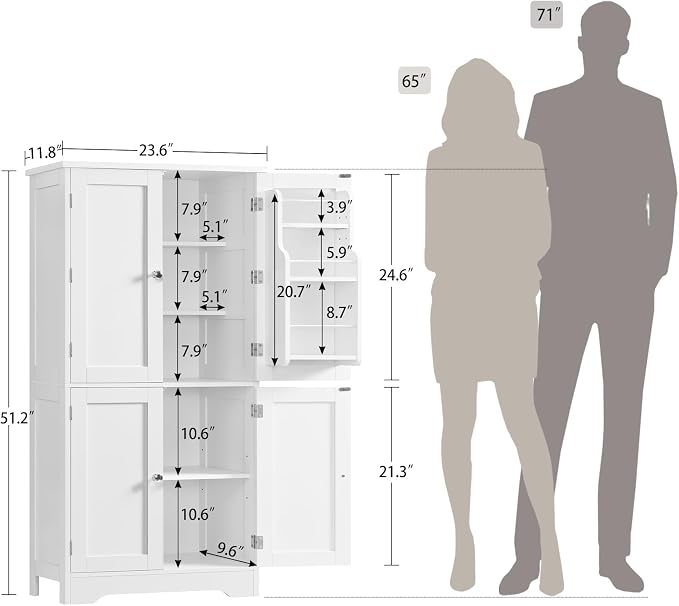 51" H Pantry Cabinet with 4 Doors, Kitchen Cabinet with 6 Door Shelves, Storage Cabinet for Living Room, Dining Room, Bathroom, White