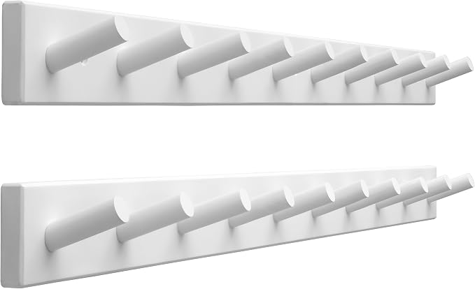 SKOLOO Wood Coat Rack Wall Mounted,10 Peg Long Bamboo Hook for Hanging Backpack Coat Towel Hat,16'' Hole to Hole,Pack of 2,White