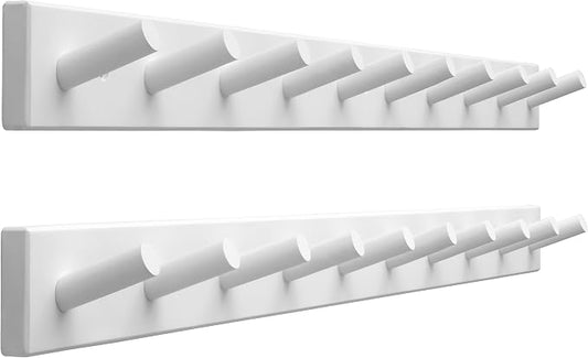 SKOLOO Wood Coat Rack Wall Mounted,10 Peg Long Bamboo Hook for Hanging Backpack Coat Towel Hat,16'' Hole to Hole,Pack of 2,White