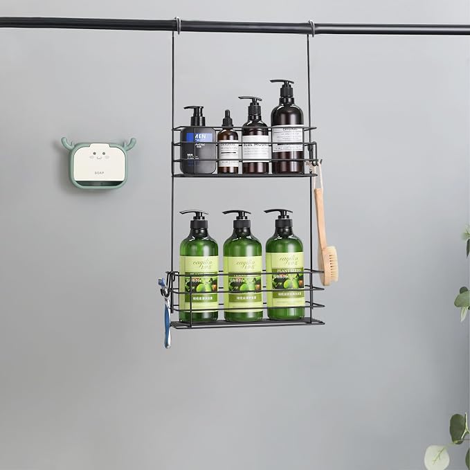 2-Tier Shower Caddy Hanging Shower Organizer Rack with Hooks Over The Door