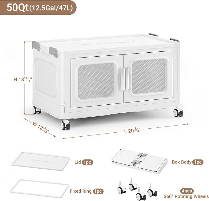 BROVIEW 50 Qt/12.5 Gal Stackable Storage Bins with Lids, 1 Pack, White | Small Stackable Storage Boxes w/ 1 Lid Folding Plastic Cart Organizer for Home Kitchen, Open Front Clear Door with Wheels