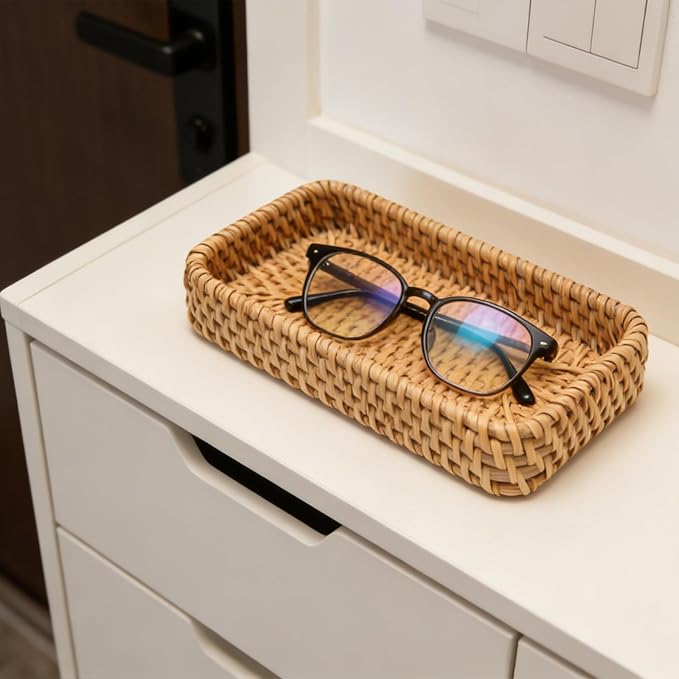 8 Inch Small Rattan Basket Natural Handwoven Tray for Keys Decor | Natural Handwoven Wicker Tray for Jewelry Keys Entryway Coffee Table Bathroom Vanity Wedding Christmas Housewarming Gift