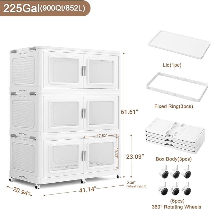 BROVIEW 225Gal Extra Large Storage Bins with Lid and Wheels, White, 3 Pack | 1 lid Plastic Cabinets Stackable Collapsible Foldable Storage Box Total 900 Quart Organizer Drawers For Home Office Garage