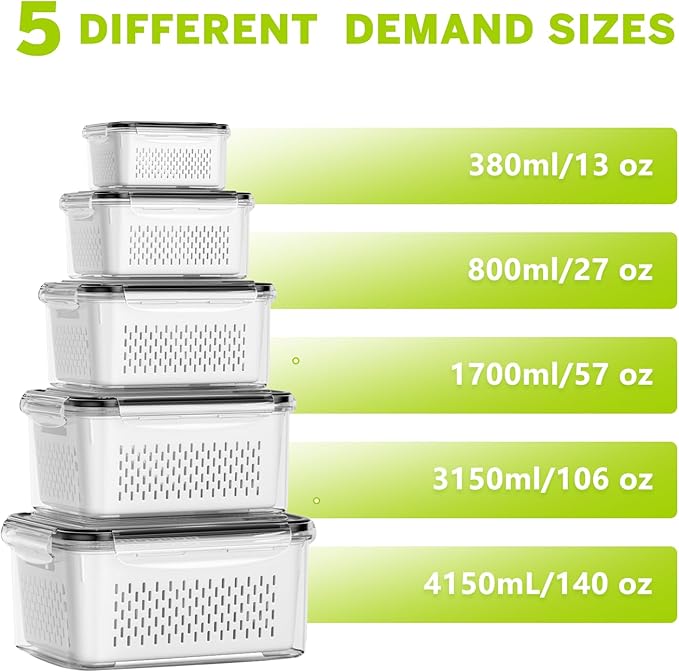 5 Pack Fruit Storage Containers for Fridge, Plastic Fruit Containers Set | with Removable Colanders, Leakproof Fridge Organizers and Storage for Berry Vegetables Salad Lettuce Meat, Dishwasher Safe