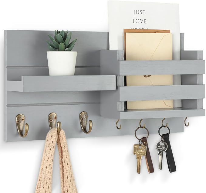 Lwenki Mail Organizer for Wall Mount – Key Holder with Shelf Includes Letter Holder and Hooks for Coats, Dog Leashes – Rustic Wood with Flush Mounting Hardware (16.5” x 8.7” x 3.5”) (Gray)