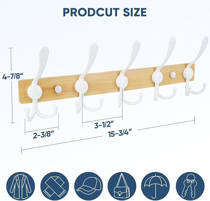 TICONN Wall Mounted Coat Rack, Five Heavy Duty Tri Hooks All Metal Construction for Jacket Coat Hat in Mudroom Entryway (Wood White, 2-Pack)
