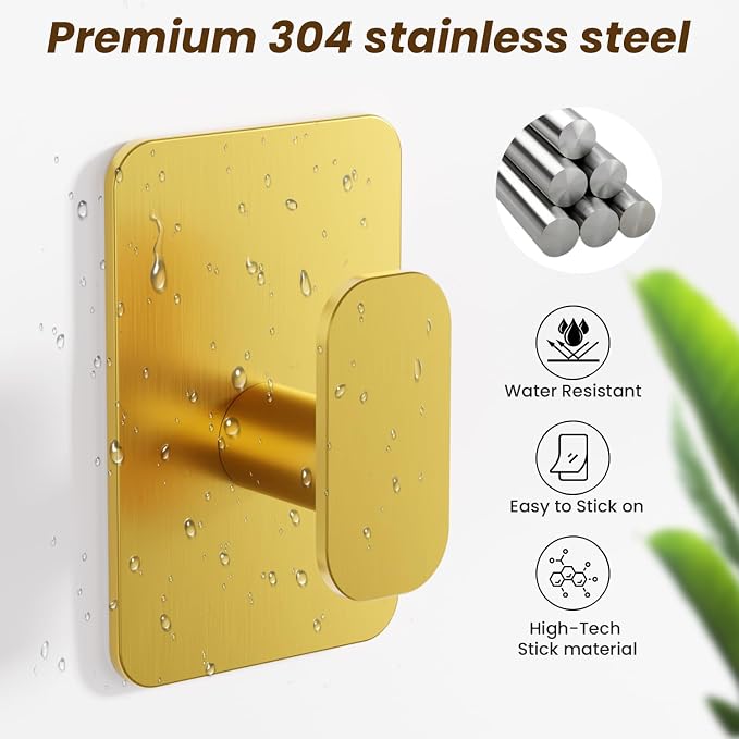 Large Heavy Duty Wall Hooks - 26lb Max, Stainless Steel Adhesive Towel Hooks for Hanging Towel, Coat, Robe, Hat, Sticky Towel Holder for Wall Mount in Bathroom, Shower, Kitchen (Gold, 6 Pack)