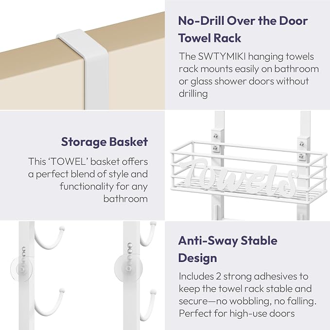 SWTYMIKI Hanging Towel Racks for Bathroom - 6 Tier Over The Door & Wall Mounted Bath Rolled Towel Storage Organizer Holder for Small Bathroom, RV, Camper, White (Patented)