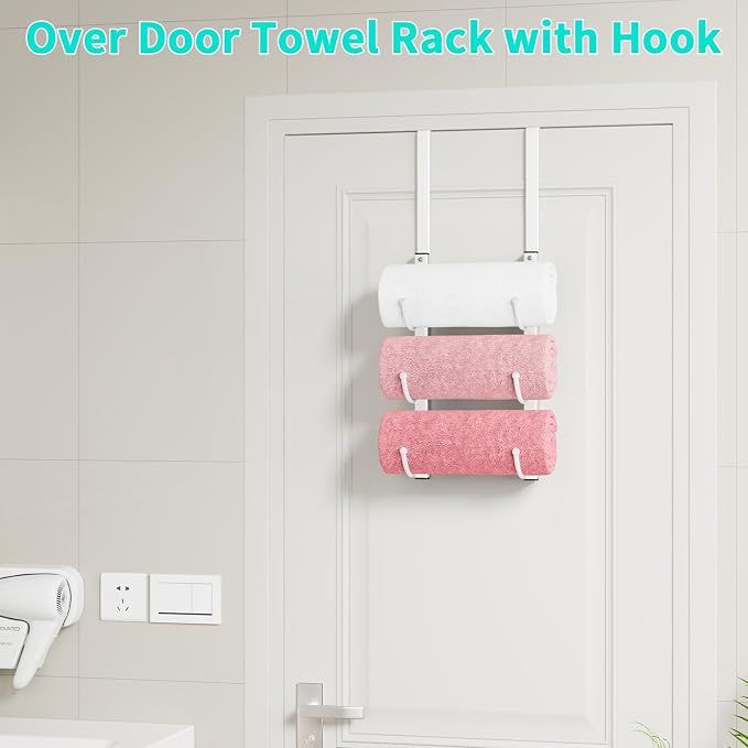 HapiRm Rolled Towel Racks for Bathroom - 3-Tier Over The Door & Wall Mounted Bathroom Towel Storage, Hanging Metal Organizer for Towels & Bath Sheets, Space Saving Rack for Bathroom, Camper, RV, White