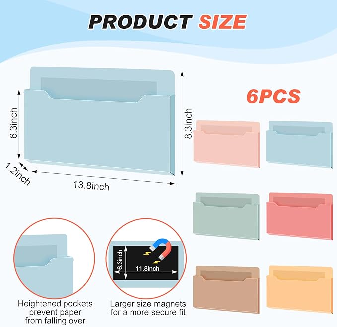 6 Pcs Magnetic Wall File Organizer Magnetic Wall File Holder Refrigerator Magazine Holder for Mail Letters Paper(Light Vintage,Horizontal-large)