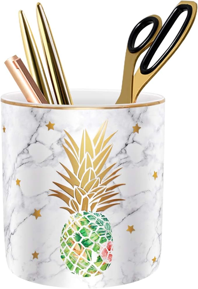Large Capacity Colored Pencil Holder for Desk, Pineapple Pen Cup Holder, Pretty Office Accessories for Girls Women, Ceramic Organizers, Makeup Brush Holder for Home, Green Pineapple