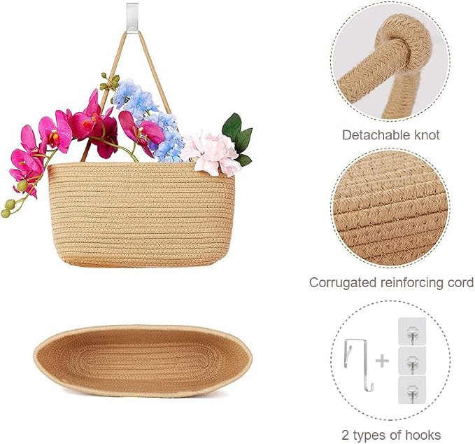 TeoKJ Over the Door Hanging Basket, 3-Tier Woven Cotton Wall-Mounted Storage Organizer Bag Decorative Hanging Nursery Baskets, Jute