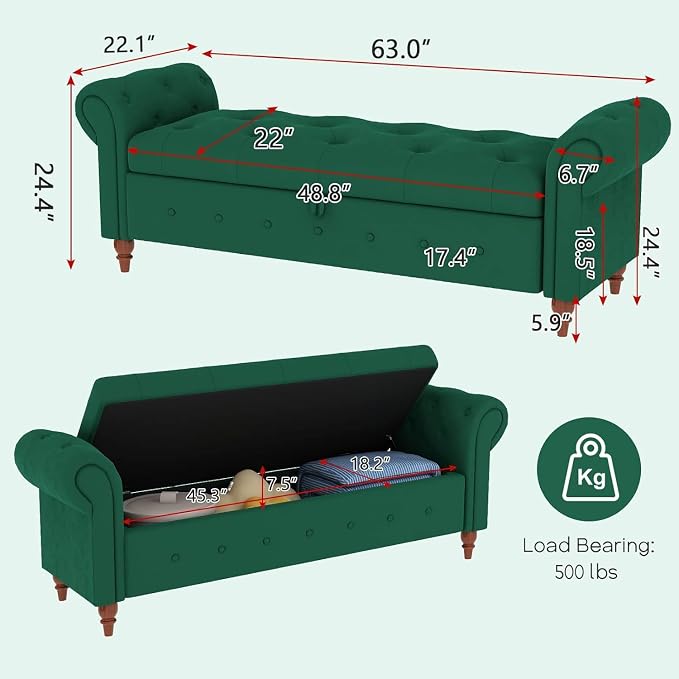 NIOIIKIT 63'' Storage Ottoman Bench Tufted Entryway Bench Dark Green Velvet | Button Tufted End of Bed, Large Storage Space, Rolled Armed Ottoman Couch Long Bench for Bedroom, Living Room, Hallway