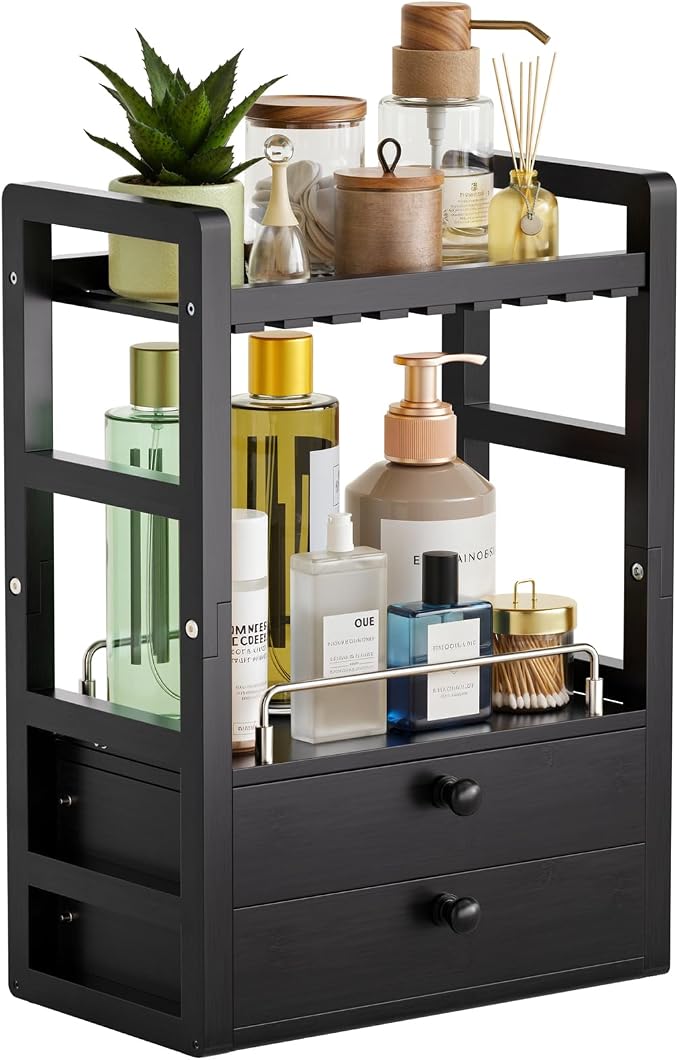 AmazerBath Bamboo Bathroom Counter Organizer, 2-Tier Makeup Organizer with 2 Drawers, Vanity Organizer Storage Coffee Matcha Station, Compact Shelf for Bathroom Kitchen Office Countertop, Black