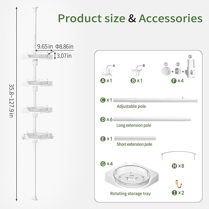 akinbas 360° Rotating Shower Caddy Tension Pole with 4-Tier Rustproof Lazy Susan 35-128 Inch No Drilling Coner Shelves Adjustable Shower Rack for Bathroom Bathtub Washbasin Plant Storage (White)