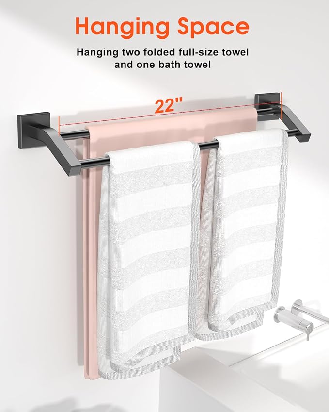 Alise Double Bath Towel Bar, 24" Towel Racks for Bathroom, Matte Black | SUS304 Stainless Steel Bathroom Towel Holder, Quick Drying Towel Hanger Towel Rod Wall Mounted, Useable Length 22.7"