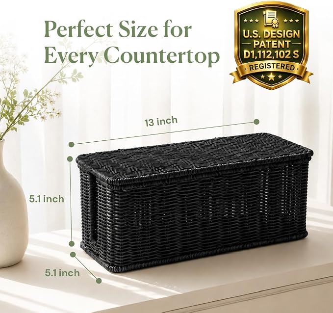 Cable Management Box, Handmade Rattan Cable Organizer with 2 Open Slots, Cord Hider for Power Strip, Router & USB Hub, Registered U.S. Design Patent (D1,112,102), 13" x 5.1" x 5.1", Black