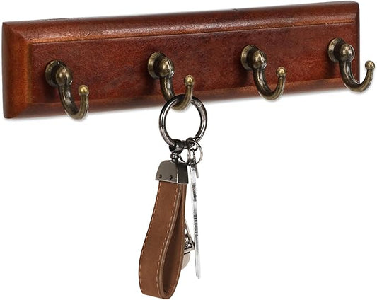 CypherX Key Holder Wall Mount Adhesive, Easy Removal Super Adhesive Tapes, No Damage Small Key Rack with 4 Hooks for Entryway Door Bathroom and Kitchen (Brown)