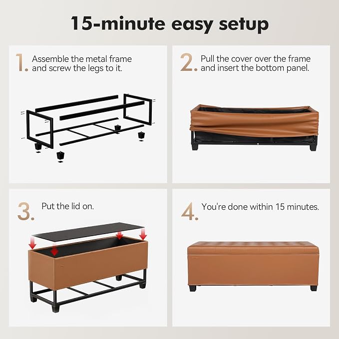 ABHENG 43.5”W Metal Frame end of Bed Storage Ottoman Bench UASND624Z | hold up to 770 LB,100L of Storage space,Water proof Synthetic Leather Cover ,43.5”W x 15.7”D x 15.7”H, Window entryway bench