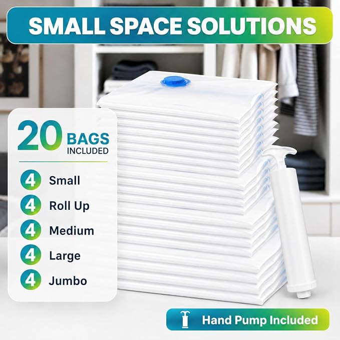 Vacuum Storage Bags,20Pack Vacuum Seal Bags for Clothing,Travel,Clothes,Comforters,Blankets,Pillows-4 Jumbo+4 Large+4 Medium+4 Small+4 Roll Up Space Saving Bag Hand Pump Inclued