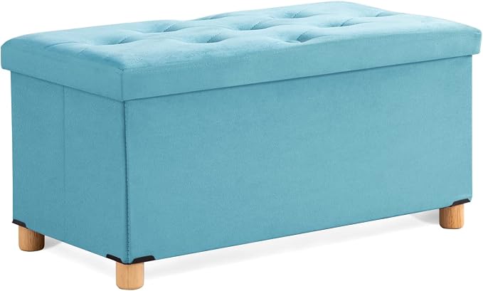 BRIAN & DANY 30 Inches Folding Storage Ottoman Bench, Ottoman with Storage for Living Room, with Wooden Feet and Lid, Teal