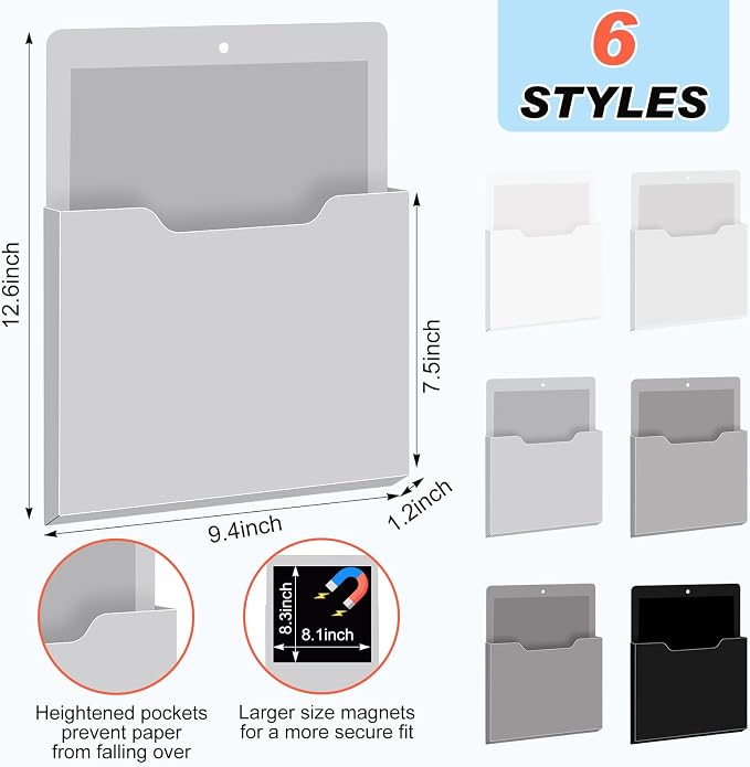 6 Pcs Magnetic Wall File Organizer Magnetic Wall File Holder Refrigerator Magazine Holder for Mail Letters Paper(Achromatic Colors,Vertical-large)
