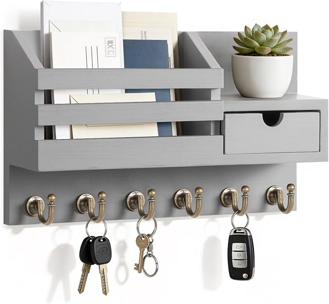 FifthQuarter Key Holder for Wall with Storage Drawer and 6 Sturdy Hooks | Wooden Entryway Organizer and Decorative, Easy Installation