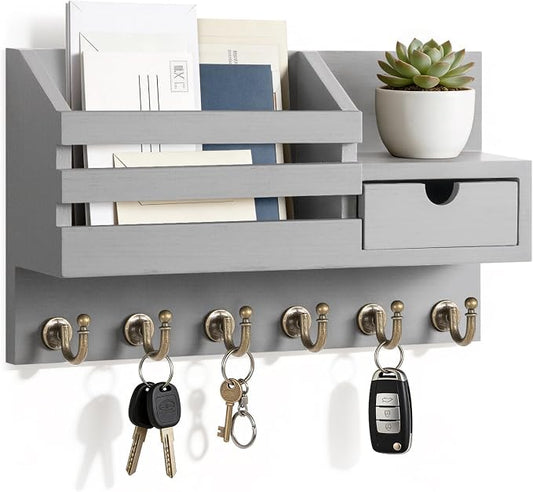 FifthQuarter Key Holder for Wall with Storage Drawer and 6 Sturdy Hooks | Wooden Entryway Organizer and Decorative, Easy Installation