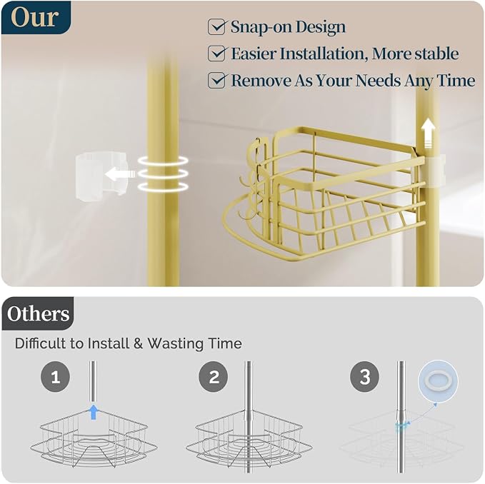 Consumest Corner Shower Caddy Tension Pole - Rustproof Shower Shelves with Towel Bar & Soap Holder, Adjustable Bath Organizer for Bathroom Storage, 27.6-108.3 inch, Gold