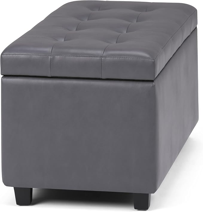 SIMPLIHOME Cosmopolitan 34" Wide Vegan Leather Storage Ottoman in Brown | Stone grey, transitional storage ottoman with tufting and lift-up lid; rectangle storage bench for living room or entryway.