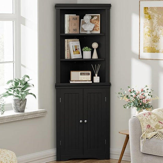 YESHOMY Corner Cabinet, Storage Cupboard with Doors, Black | Tall Storage Cabinet with Adjustable Shelves, for Living Room, Bathroom, Kitchen