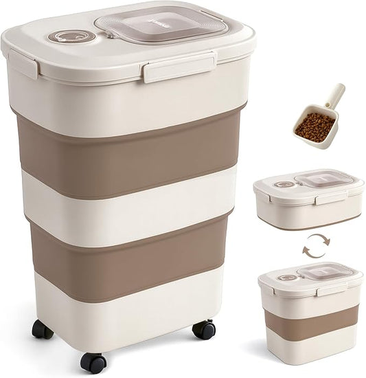 ZOMISIA 40-50lbs Dog Food Storage Container, Large Capacity Collapsible Airtight Pet Food Storage Containers with Rolling Wheels, Transparent Lid, Scoop and Date Track, Brown