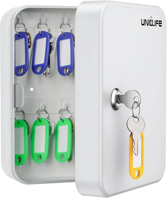 Uniclife 20 Position Key Cabinet with Key Lock Wall Mounted White Security Storage Box Steel Key Organizer with Colorful Key Tag Labels Identifiers Stickers and Hooks