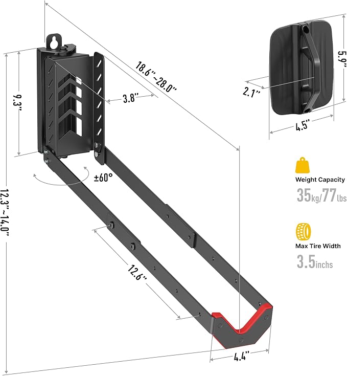 monTEK No-Lift Swivel Bike Wall Mount, Bike Hangers for Garage, 2 Pack | Space-saving bike storage rack pivots 120°; 4 settings fit 16-29 in wheels and tires up to 3.54 in wide; holds 77 lb each