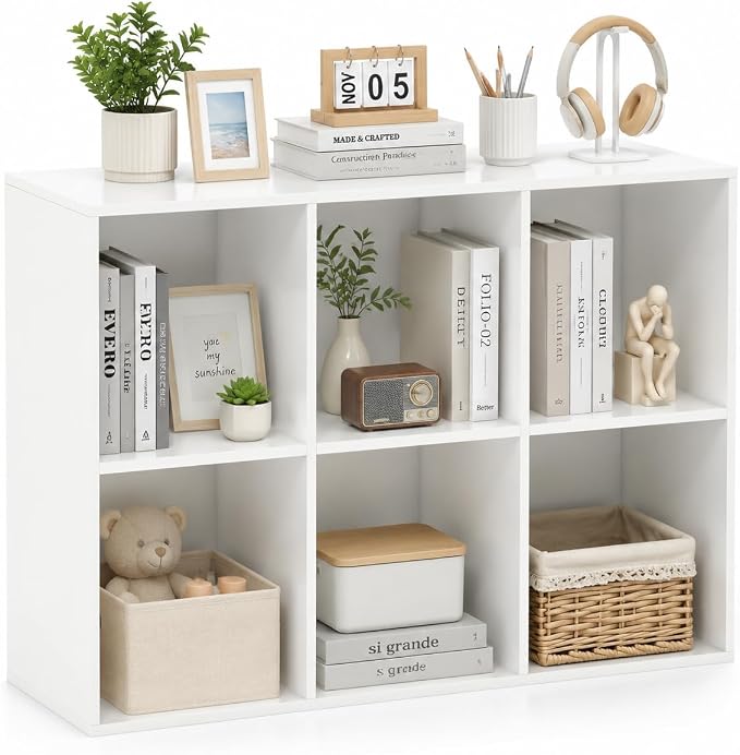 POWERSTONE 6 Cube Storage Organizer, Open Cube Bookshelf with Back Panels, Modern Display Cubby Bookcase for Bedroom Living Room Home Office, White